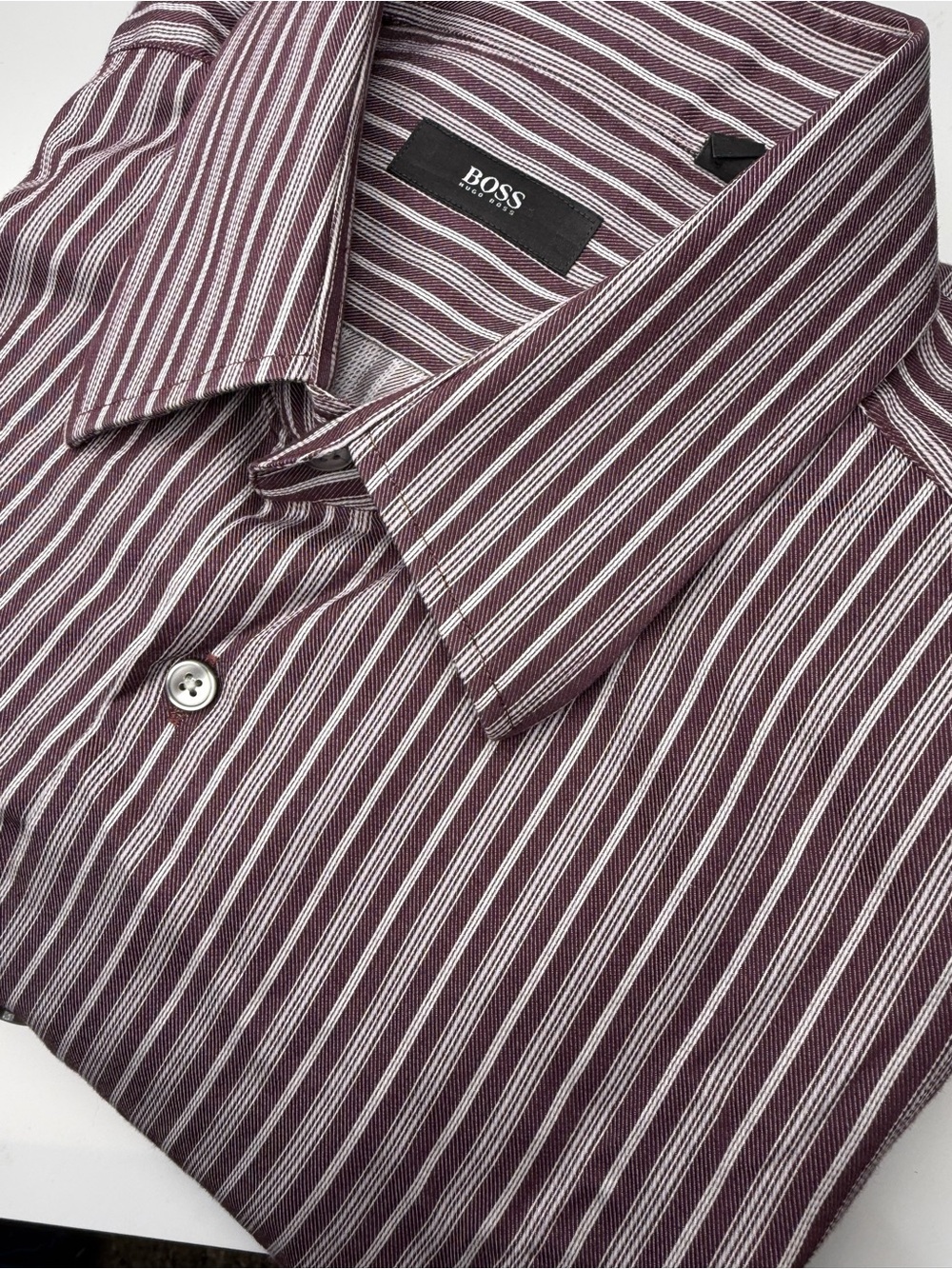 BOSS Maroon and White Striped Dress Shirt